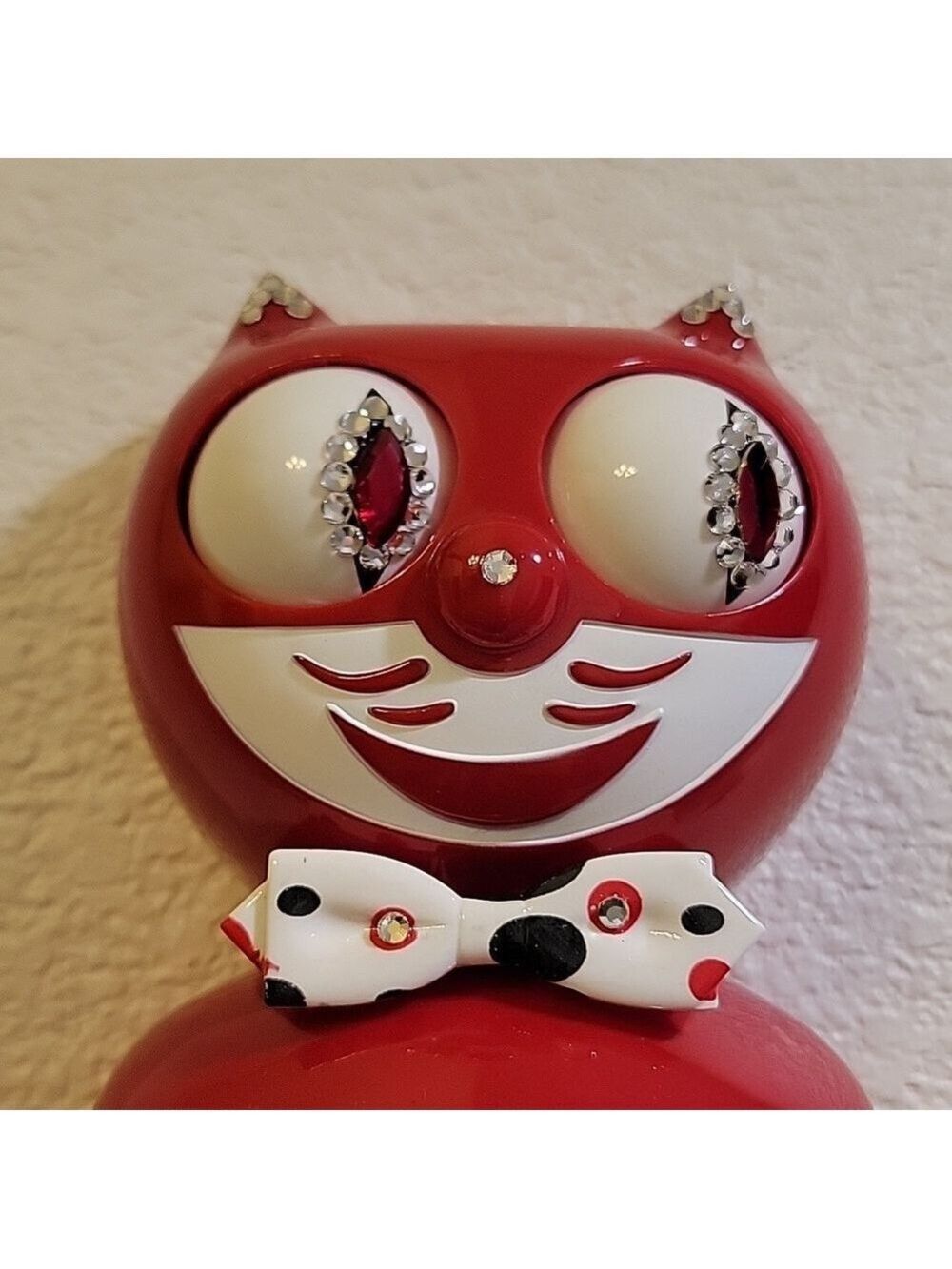 Jeweled Scarlet Red Kit-Cat Klock clock POLKA DOT tail and bow tie